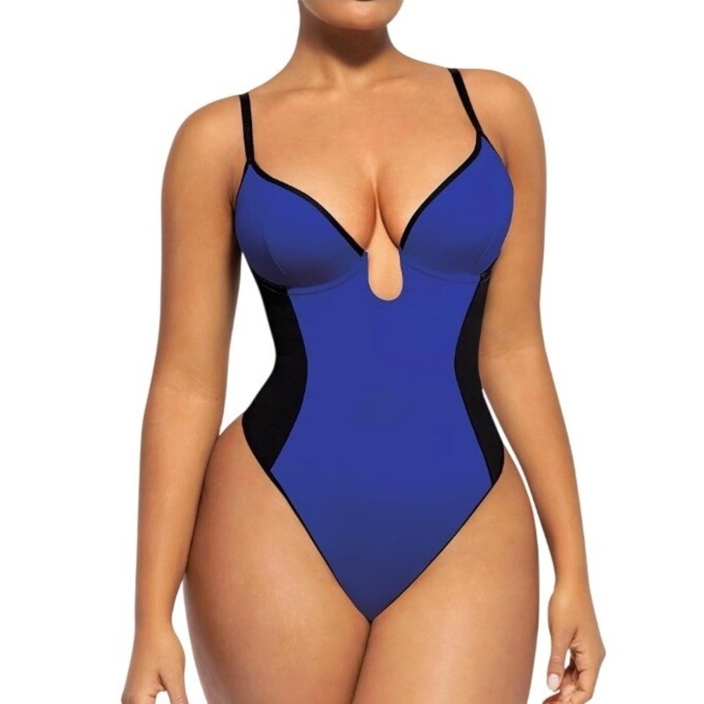 NWT SHAPELLX Women's Thong Backless Corset Bodysuit Tummy Control Blue Black L